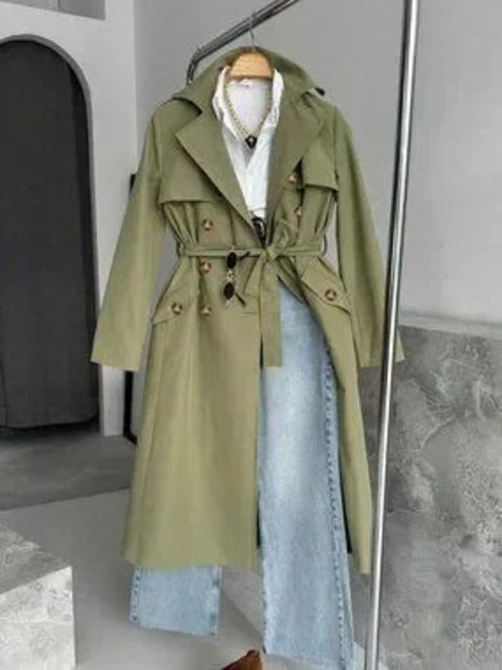 ZARA Green Casual Women's Long Sleeve Single-Breasted Trench Coat